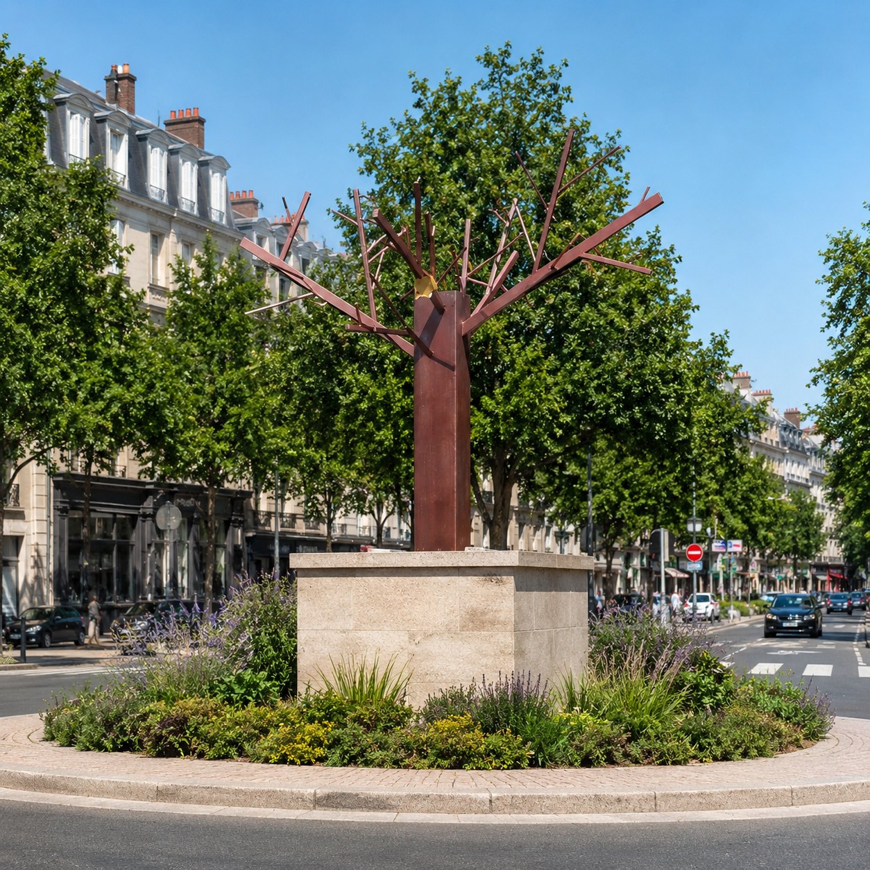 L'Arbre à planches, sculpture en métal de 4 mètres réalisée par l'atelier Art de Forge, installée sur un rond-point urbain