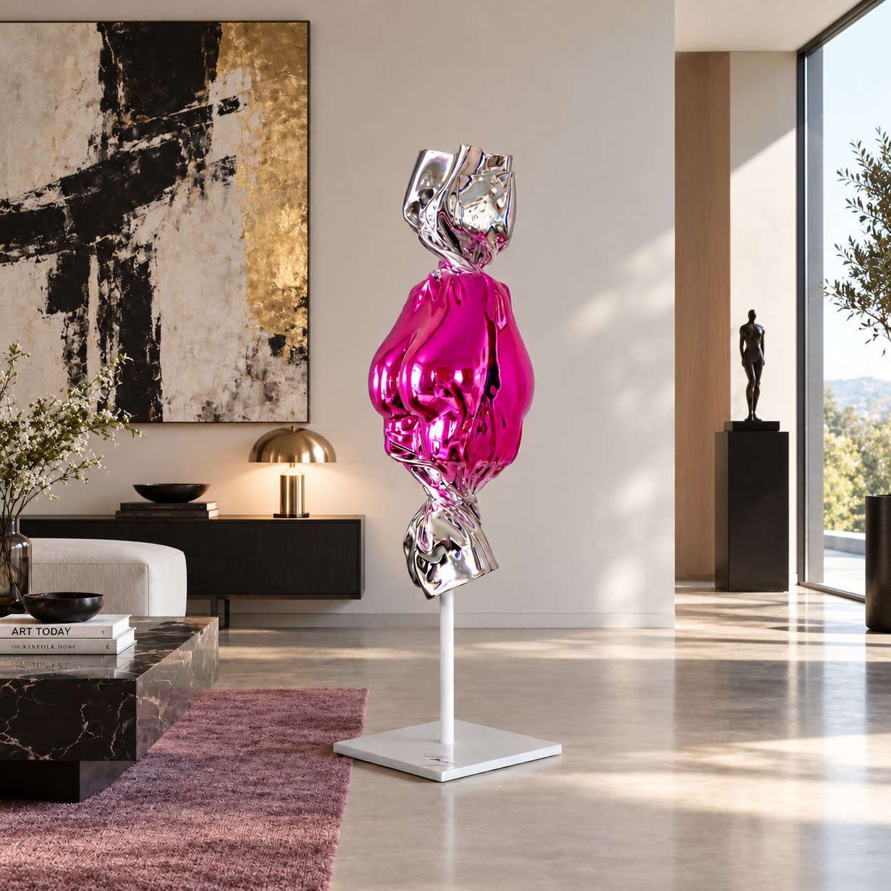 Sculpture Bonbon en résine à finition rose chromée, moulée et finie par Evoludis Concept, présentée dans un intérieur contemporain