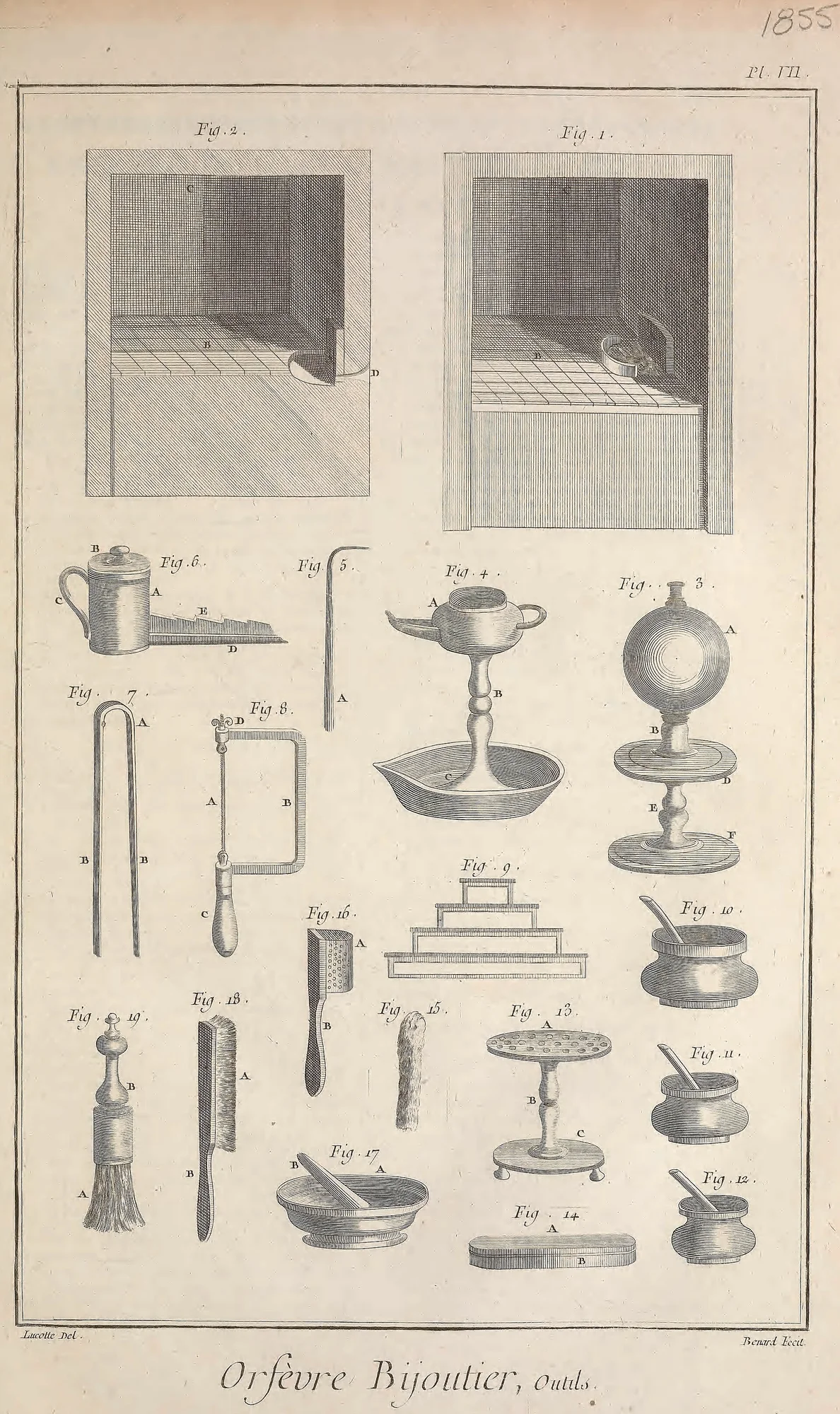 Le chalumeau à bouche, ancêtre du chalumeau à gaz utilisé aujourd'hui pour la patine à chaud (planche de l'Encyclopédie, XVIIIe siècle).