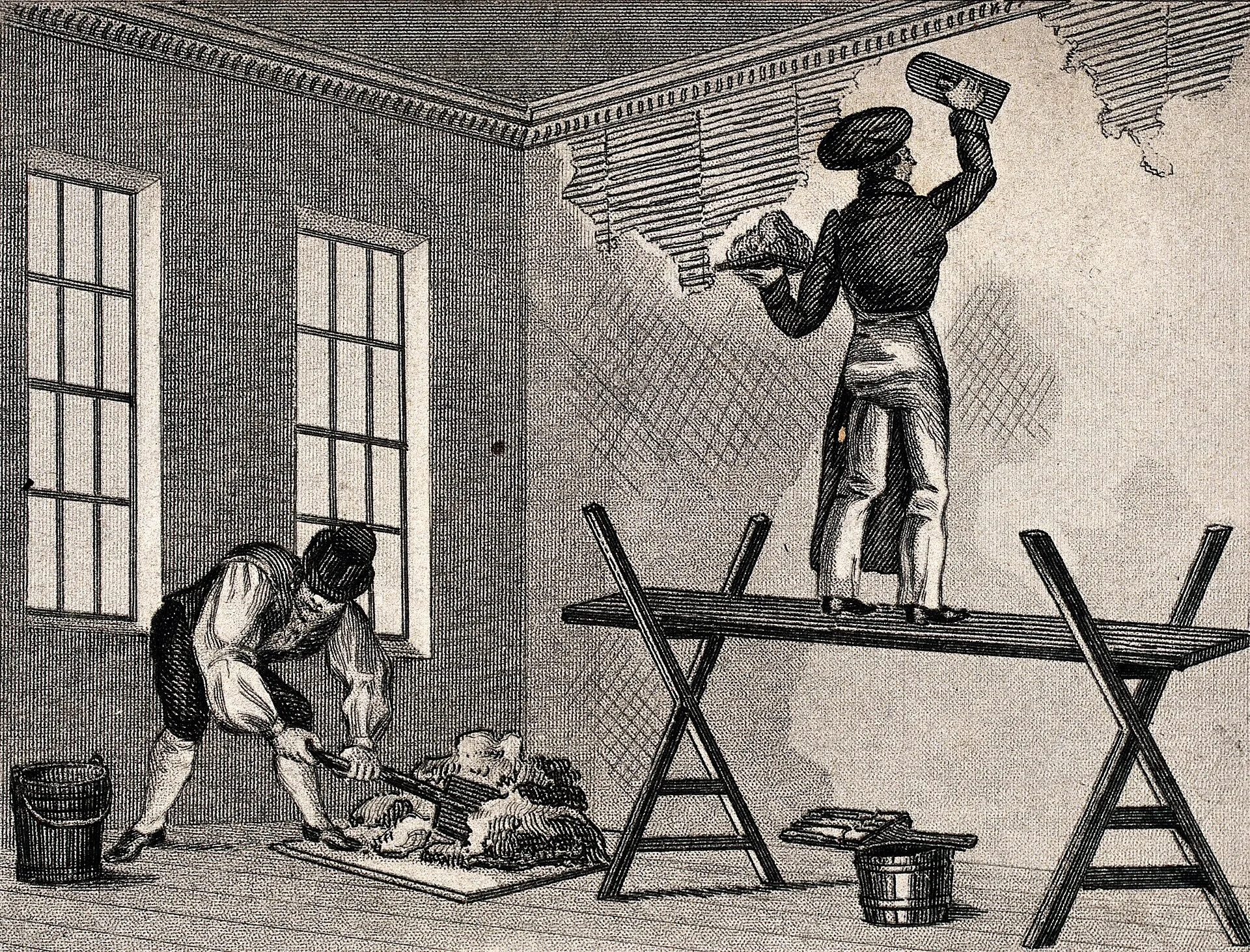Plâtre, étape 1 : le gâchage du plâtre, gravure ancienne